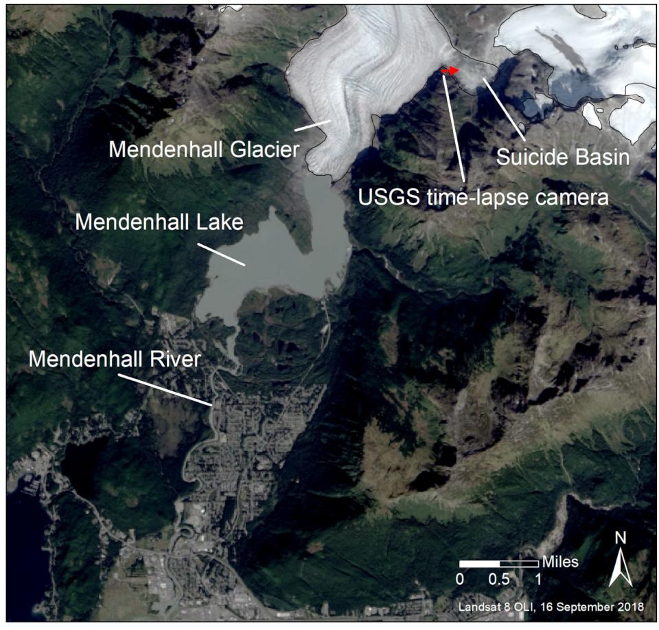 PHOTO: Map indicating the location of Suicide Basin, a side basin of the Mendenhall Glacier above Juneau, Alaska. Since 2011, Suicide Basin has released glacier lake outburst floods that cause inundation along Mendenhall Lake and Mendenhall River. (National Weather Service/National Oceanic and Atmospheric Administration)