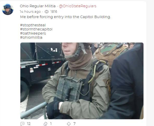 An image federal investigators say Jessica Watkins posted of herself wearing tactical gear before the Jan. 6 Capitol riot / Credit: FBI