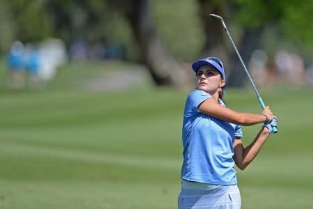 Apr 5, 2015; Rancho Mirage, CA, USA; Lexi Thompson hits her second shot on the first hole during the final round of the ANA Inspiration at Mission Hills CC - Dinah Shore Tournament Course. Mandatory Credit: Jake Roth-USA TODAY Sports