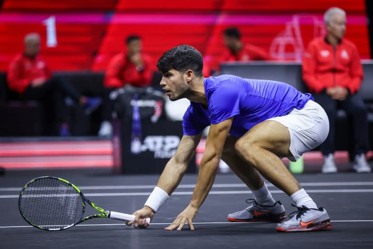 Low point: Carlos Alcaraz on his way to defeat in the doubles at the Laver Cup on Friday (Ronny Hartmann)