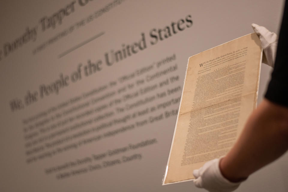 NEW YORK, NEW YORK - SEPTEMBER 17: The First Printing of the Final Text of the United States Constitution is on display during a press preview at Sotheby's on September 17, 2021 in New York City. This one of 11 known copies of the official printing produced for the delegates to Constitutional Convention and for the Continental Congress. This is the only one that has remained in private hands. (Photo by Alexi Rosenfeld/Getty Images)