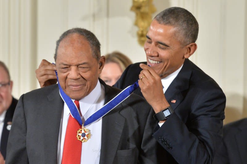 In this file photo, president Barack Obama awards the Medal of Freedom to baseball great Willie Mays during a ceremony at the White House in Washington in 2015. Photo by Kevin Dietsch/UPI