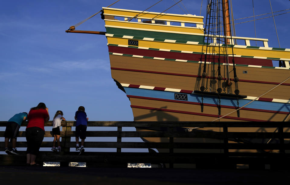 The Mayflower II, a replica of the original Mayflower ship that brought the Pilgrims to America 400 year ago, is docked in Plymouth, Mass., days after returning home following extensive renovations, Wednesday, Aug. 12, 2020. The ship began the slow return home last month after spending the last three years in Mystic, Conn., getting $11.2 million worth of renovations. (AP Photo/David Goldman)
