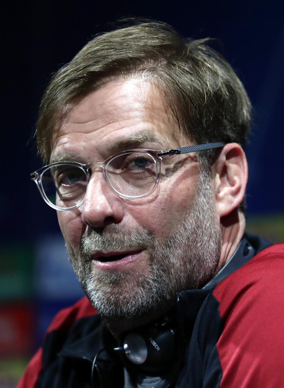 Liverpool manager Jurgen Klopp attends a press conference at the Camp Nou stadium in Barcelona, Spain, Tuesday, April 30, 2019. FC Barcelona will play against Liverpool in a first leg semifinal Champions League soccer match on Wednesday, May 1. (AP Photo/Manu Fernandez)