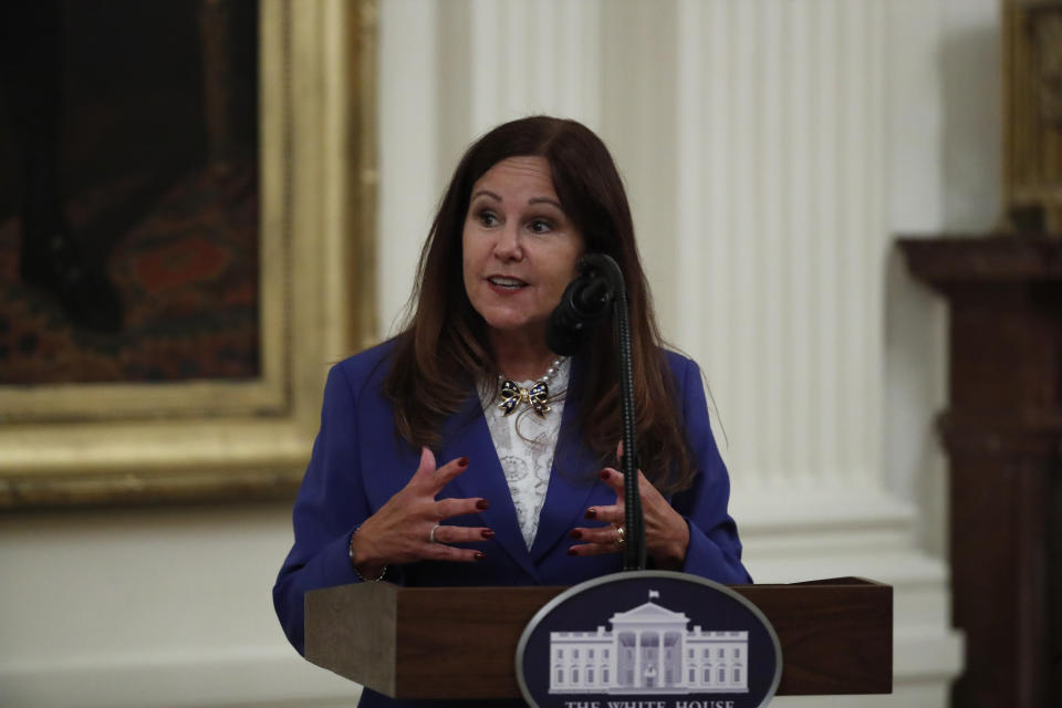Second lady Karen Pence speaks about the PREVENTS "President's Roadmap to Empower Veterans and End a National Tragedy of Suicide," task force, in the East Room of the White House, Wednesday, June 17, 2020, in Washington. (AP Photo/Alex Brandon)