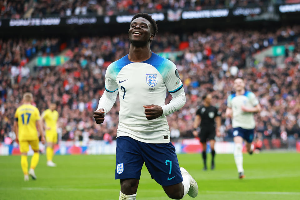 England's Bukayo Saka celebrates after scoring against Ukraine in their Euro 2024 qualifying match. 