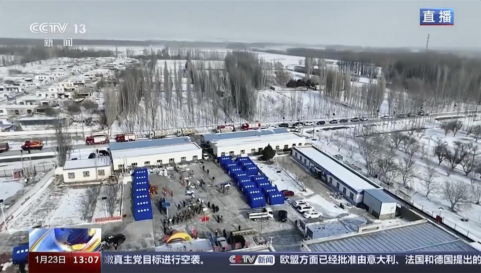 This image taken from video footage run by China's CCTV, shows temporary shelters near the epicenter in Aksu prefecture, China’s Xinjiang following an earthquake Tuesday, Jan. 23, 2024. A strong earthquake struck China’s far western Xinjiang region early Tuesday, knocking out power and destroying homes, local authorities and state media reported. (CCTV via AP)