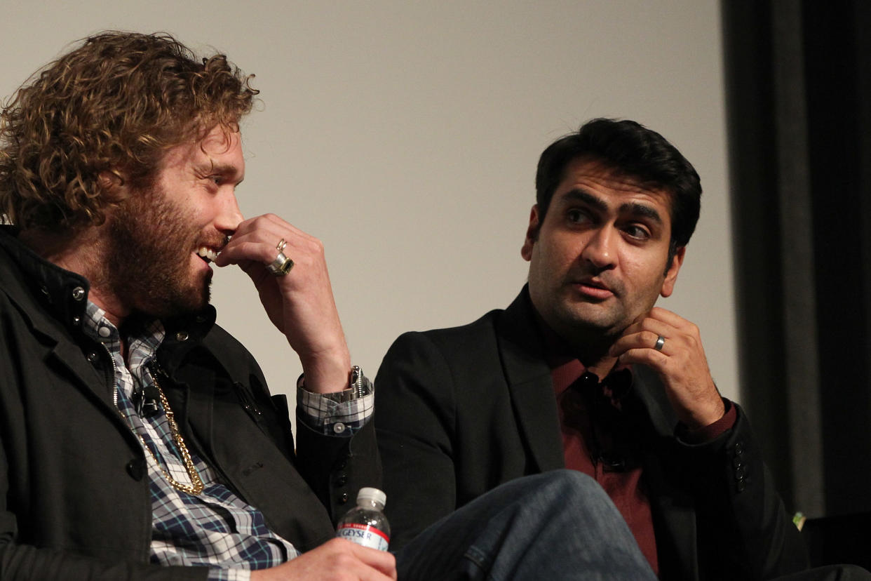 LOS ANGELES, CA - MAY 03: (L-R) T. J. Miller and Kumail Nanjiani attend the "Silicon Valley" screening and panel at The Writer's Guild at Writer's Guild Theater on May 3, 2015 in Los Angeles, California.  (Photo by FilmMagic/FilmMagic)