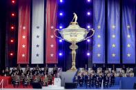 Team USA and Team Europe attend the opening ceremony for the Ryder Cup at the Whistling Straits Golf Course Thursday, Sept. 23, 2021, in Sheboygan, Wis. (AP Photo/Jeff Roberson)