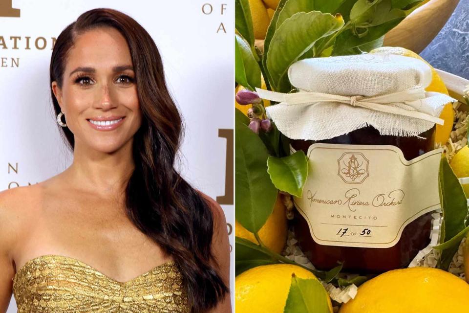 <p>Kevin Mazur/Getty Images; Tracy Robbins/Instagram</p> Meghan Markle; Jam from American Riviera Orchard 