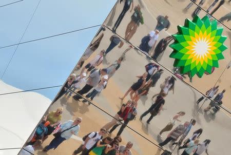 FILE PHOTO: Spectators are seen reflected in a British Petroleum sponsors building in Olympic Park at the London 2012 Paralympic Games September 6, 2012. REUTERS/Toby Melville/File Photo