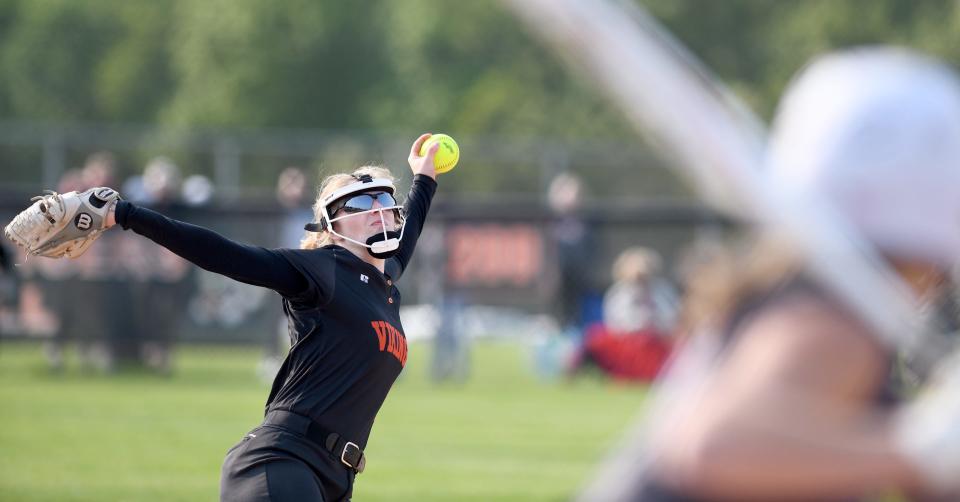 Hoover's Summer McCaw delivers a pitch in the fourth inning against Jackson in the Division I district final in Massillon, Wednesday, May 17, 2023.