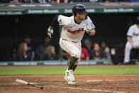 Cleveland Guardians' Tyler Freeman watches his two-run single off Minnesota Twins relief pitcher Jay Jackson during the seventh inning of a baseball game in Cleveland, Saturday, May 18, 2024. (AP Photo/Phil Long)