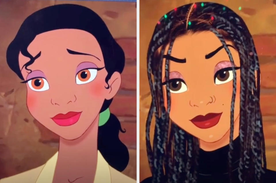 The classic Tiana side by side with Lexis' Tiana, who has modern makeup, braids, and is wearing a turtleneck