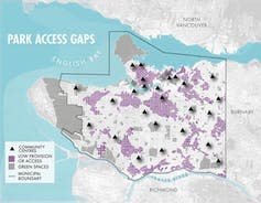 Map of Vancouver, showing areas with low amounts of park space per person.