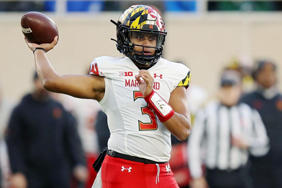 Taulia Tagovailoa of the Maryland Terrapins throws a pass in the first half against the Michigan State Spartans at Spartan Stadium on Nov. 13, 2021 in East Lansing, Michigan.