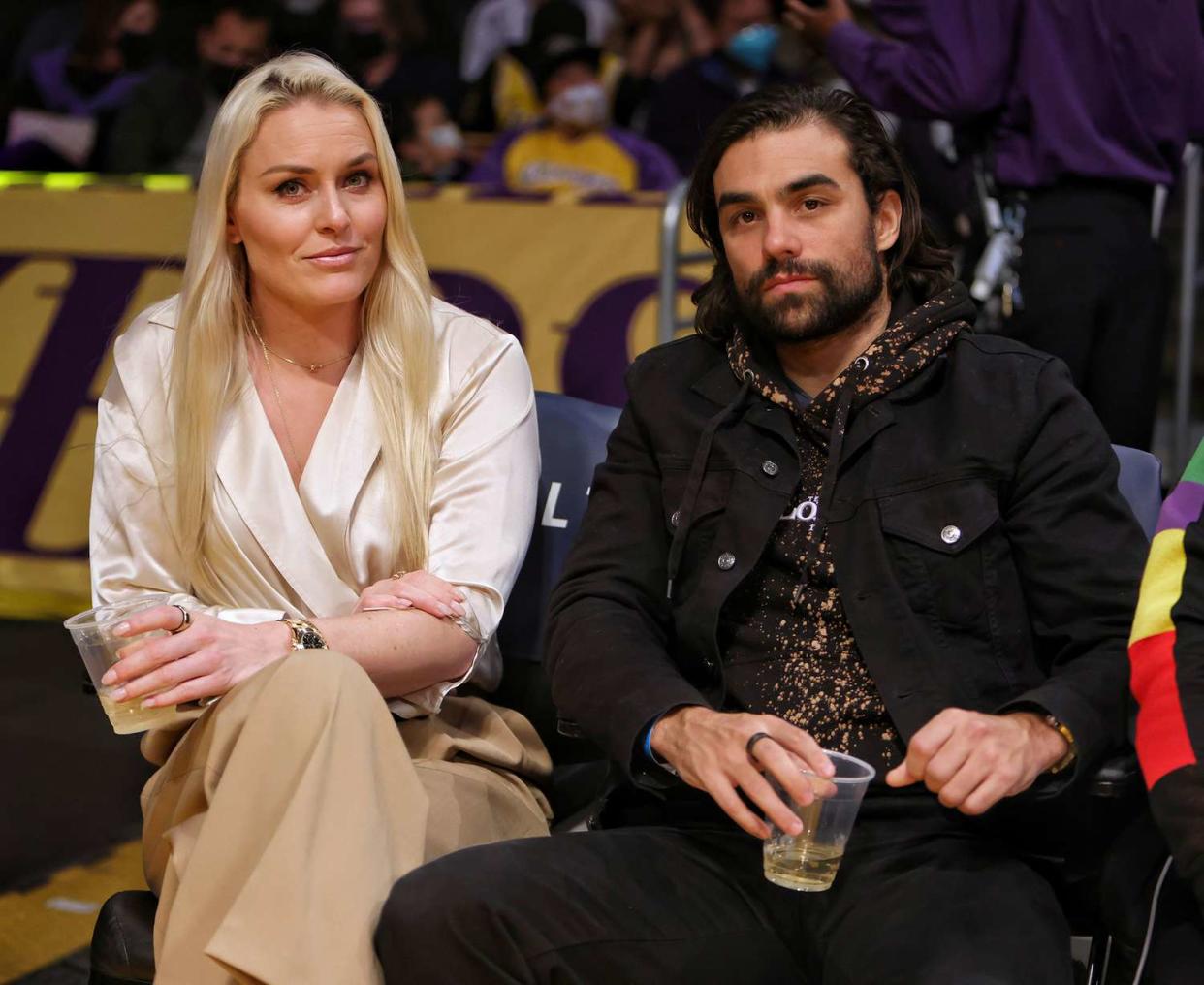 Lindsey Vonn and Actor, Diego Osorio attend a game between the Indiana Pacers and Los Angeles Lakers on January 19, 2022 at Crypto.Com Arena in Los Angeles, California. NOTE TO USER: User expressly acknowledges and agrees that, by downloading and/or using this Photograph, user is consenting to the terms and conditions of the Getty Images License Agreement. Mandatory Copyright Notice: Copyright 2022 NBAE