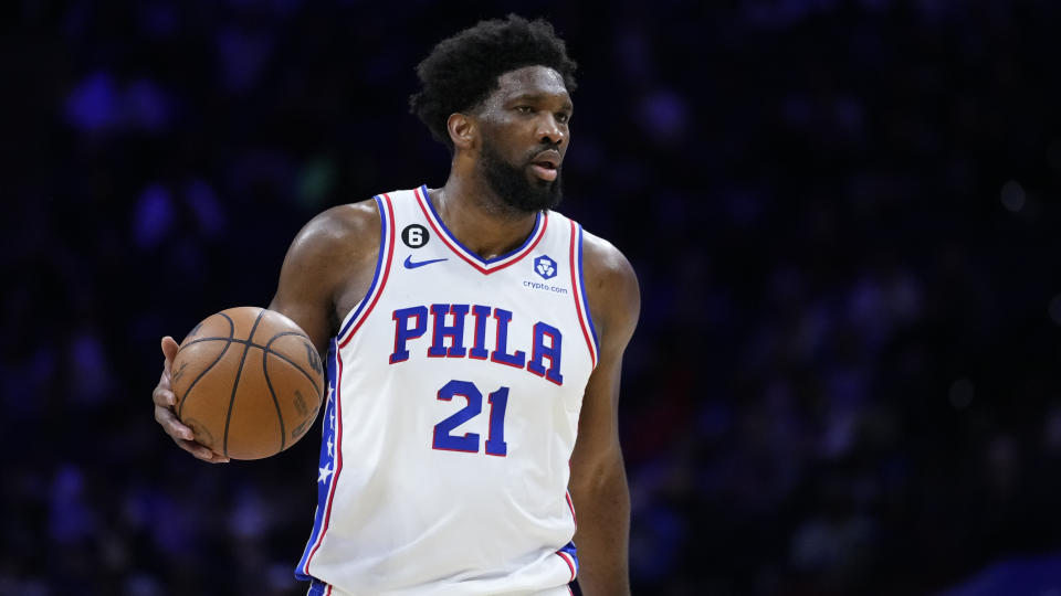 Philadelphia 76ers' Joel Embiid plays during an NBA basketball game, Wednesday, Feb. 15, 2023, in Philadelphia. (AP Photo/Matt Slocum)