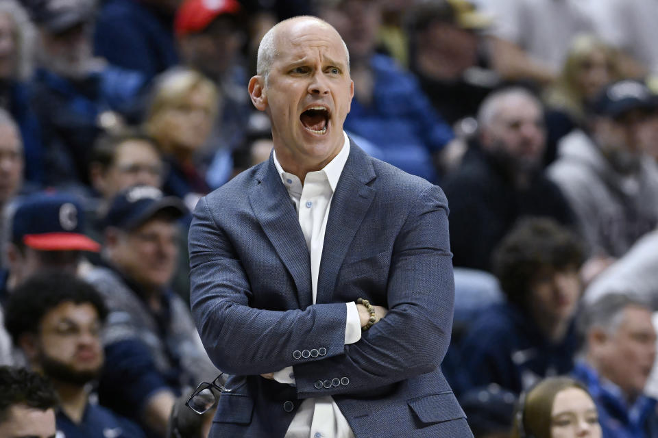 UConn head coach Dan Hurley calls out to his team in the second half of an NCAA college basketball game against Creighton, Wednesday, Jan. 17, 2024, in Stores, Conn. (AP Photo/Jessica Hill)