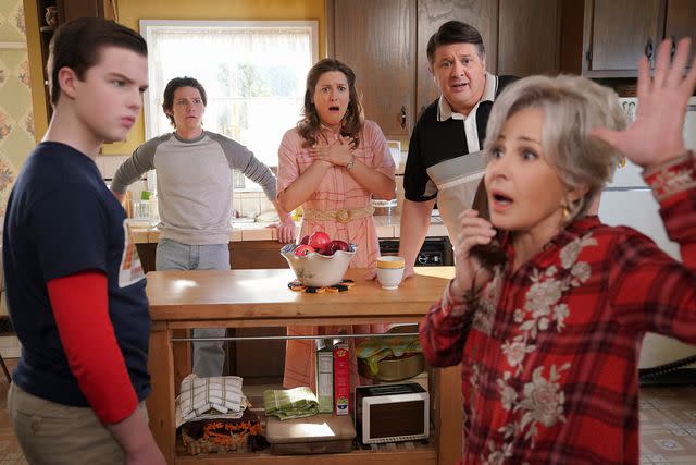 <p>Sonja Flemming/CBS/Getty</p> Iain Armitage as Sheldon Cooper, Montana Jordan as Georgie Cooper, Zoe Perry as Mary Cooper, Lance Barber as George Sr., and Annie Potts as Connie 'Meemaw' Tucker in 'Young Sheldon'.