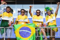 <p>Brazil’s fans cheer prior to the Russia 2018 World Cup round of 16 football match between Brazil and Mexico at the Samara Arena in Samara on July 2, 2018. (Photo by MANAN VATSYAYANA / AFP) </p>