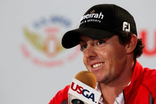 Rory McIlroy of Northern Ireland speaks with the media during a practice round prior to the start of the 112th US Open at The Olympic Club on June 12, 2012 in San Francisco, California