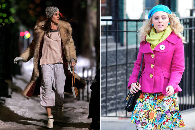<b>Strange Pairings</b> <br>Carrie has this way of putting pieces you’d never think would work well together but she can somehow pull it off. Who would have ever thought that anyone could look so stylish running around the streets of New York in a fur coat, pajamas, and booties?! Her younger self seems to agree. Wearing clashing neon colors of pink, blue, and green, and a skirt with graphic food prints is just as strange but still looks good anyway.