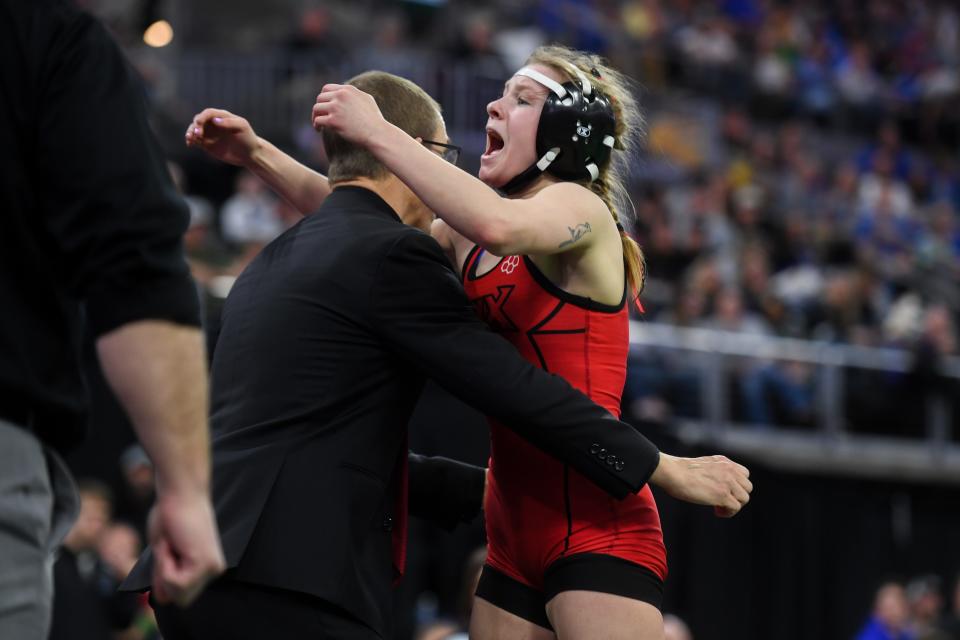 Brandon Valley senior Mary-Kathrine Joseph screams in celebration after winning a state title on Saturday, Feb. 24, 2024 at the Denny Sanford Premier Center in Sioux Falls.