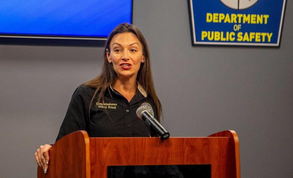 Nikki Fried, Florida Commissioner of Agriculture and Consumer Services speaks during a press conference in April about the environmental crisis at the former Piney Point phosphate plant, where breached wastewater reservoirs were threatening to fully rupture.