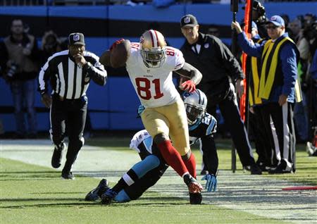 Jan 12, 2014; Charlotte, NC, USA; San Francisco 49ers wide receiver Anquan Boldin (81) is tackled by Carolina Panthers cornerback Melvin White (23) during the first half of the 2013 NFC divisional playoff football game at Bank of America Stadium. Sam Sharpe-USA TODAY Sports