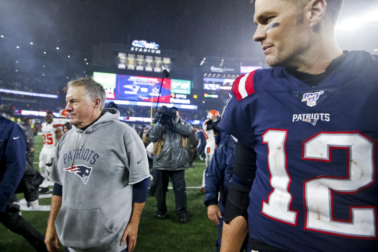 New England Patriots head coach Bill Belichick said it was a "a great relationship built on love" with quarterback Tom Brady. (Photo by Matthew J. Lee/The Boston Globe via Getty Images)