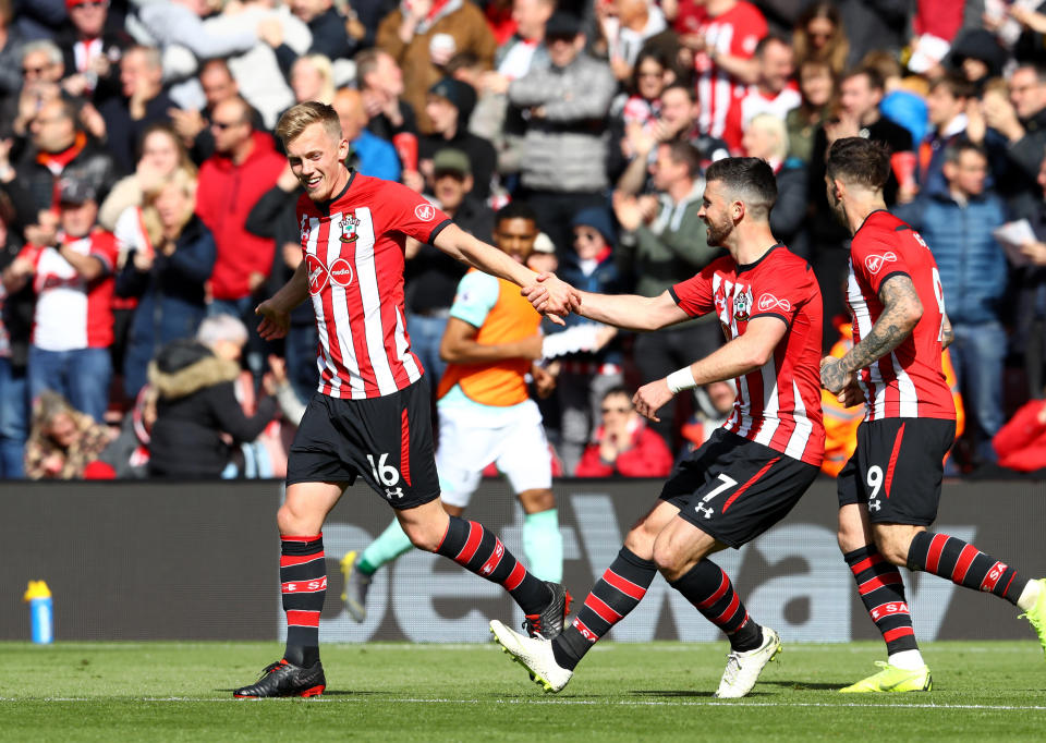 Southampton players celebrate during the 3-3 draw against south coast rivals Bournemouth (Photo by Michael Steele/Getty Images)