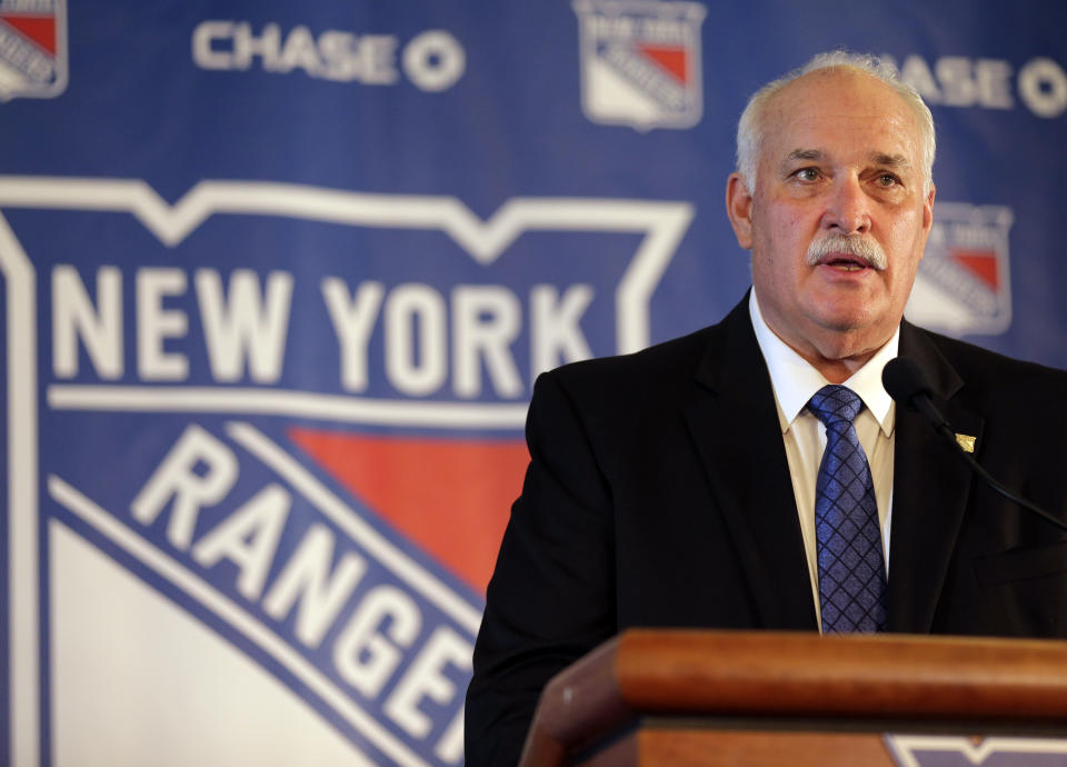 FILE - In this Wednesday, May 22, 2019, file photo, new New York Rangers team president John Davidson speaks during a news conference in New York. The Rangers might be on the clock in owning the No. 1 pick in the NHL draft on Tuesday, Oct. 6, 2020. That, and the prospect of selecting Quebec star forward Alexis Lafreniere, doesn't mean the still-retooling Rangers will be anywhere closer to being a contender, team president John Davidson cautions.(AP Photo/Seth Wenig, File)