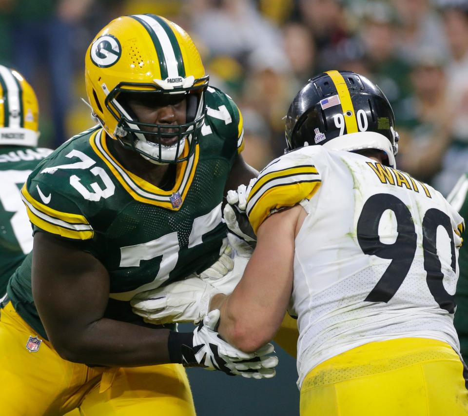 Green Bay Packers offensive tackle Yosh Nijman (73) blocks Pittsburgh Steelers outside linebacker T.J. Watt (90) during the third quarter of their game Sunday, October 3, 2021 at Lambeau Field in Green Bay, Wis. Green Bay Packers beat the Pittsburgh Steelers 27-17.