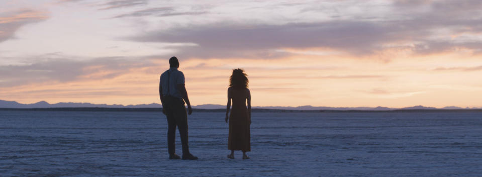 This image released by the Sundance Institute shows Winston Duke, left, and Zazie Beetz in a scene from "Nine Days" an official selection of the U.S. Dramatic Competition at the 2020 Sundance Film Festival. (Wyatt Garfield/Sundance Institute via AP) .