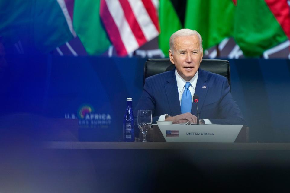 President Joe Biden speaks during the U.S.-Africa Summit Leaders Session on partnering on the African Union's Agenda 2063, Thursday, Dec. 15, 2022, in Washington.