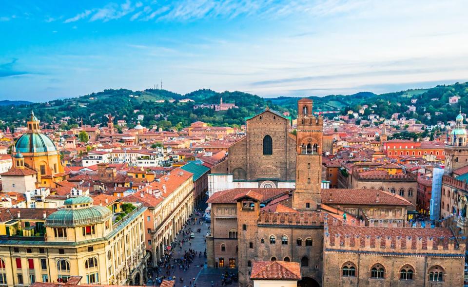 aerial view of bologna cathedral and towers above of the roofs of old town in medieval city bologna high quality photo