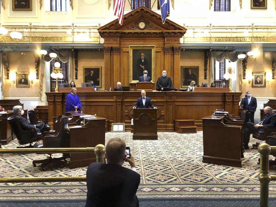 South Carolina Sen. Greg Gregory gives his farewell speech on Tuesday, Sept 22, 2020, at the Statehouse in Columbia, South Carolina. The Republican from Lancaster has spent 24 years in the South Carolina Senate. (AP Photo/Jeffrey Collins)