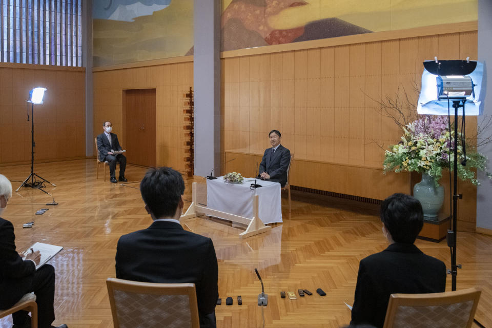 In this Feb. 19, 2021, photo provided by the Imperial Household Agency of Japan, Japan's Emperor Naruhito speaks during a press conference on the occasion of his 61st birthday on Feb. 23 at Akasaka Palace in Tokyo. Naruhito celebrated 61st birthday on Tuesday, Feb. 23, 2021. (The Imperial Household Agency of Japan via AP)