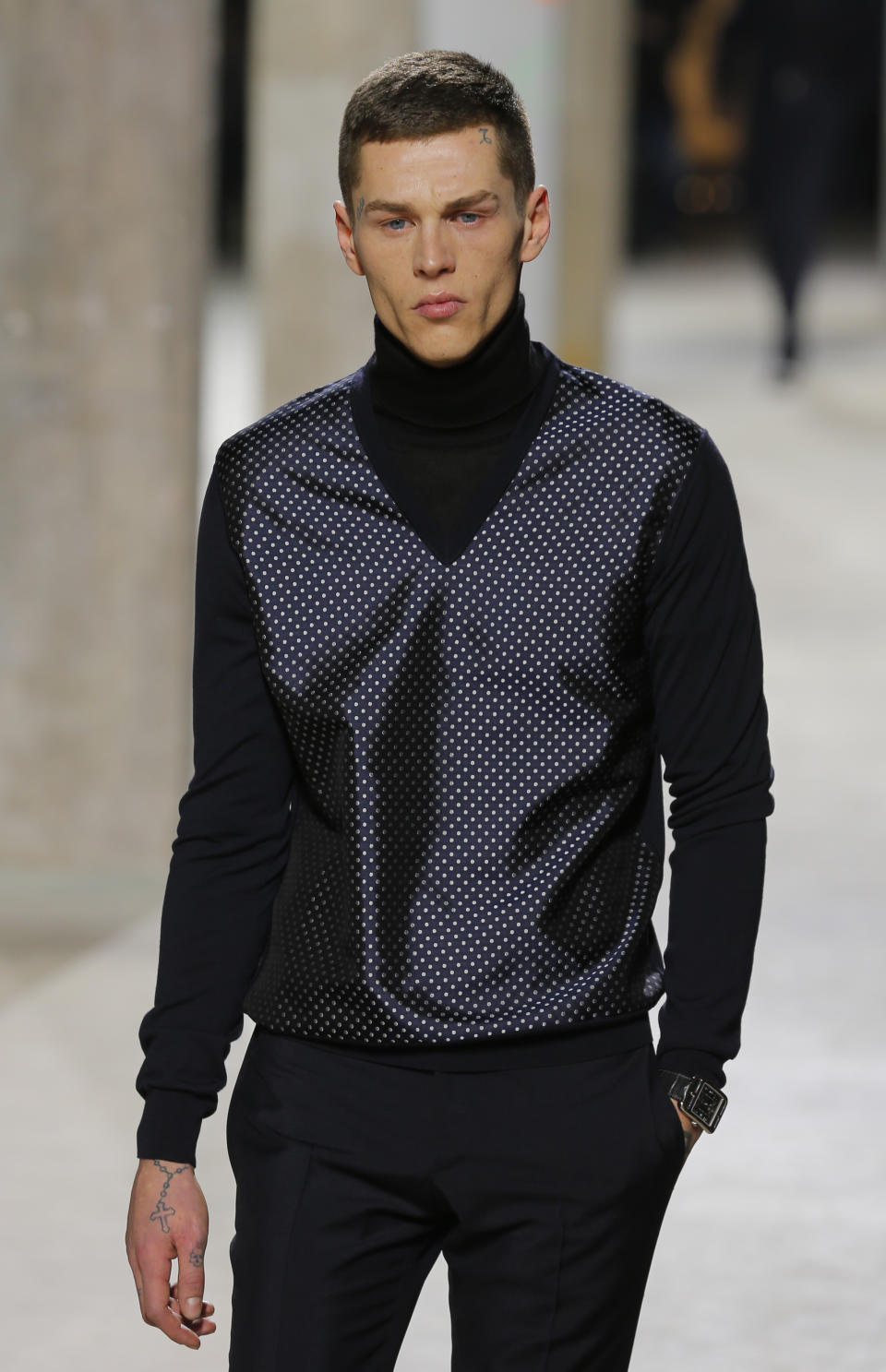 A model wears a creation by French fashion designer Veronique Nichanian as part of the Men's fall-winter 2013-2014 fashion collection presented in Paris, Saturday Jan. 19, 2013. (AP Photo/Jacques Brinon)