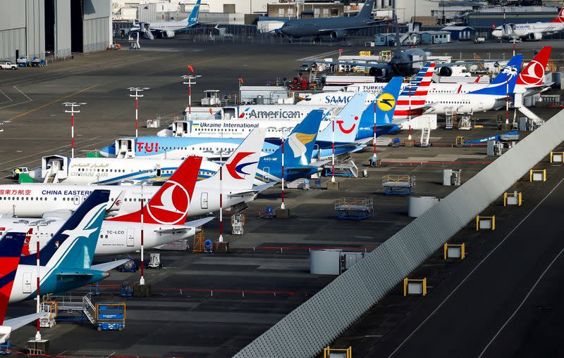 FILE PHOTO: An aerial photo shows several Boeing 737 MAX airplanes grounded at Boeing Field in Seattle