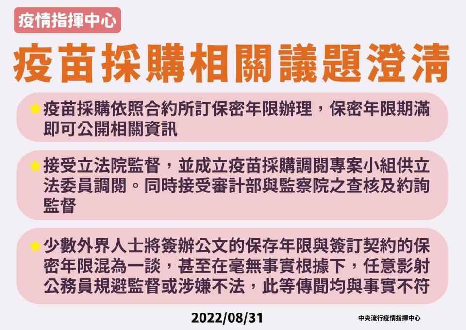 指揮中心說明疫苗採購議題。（指揮中心提供）