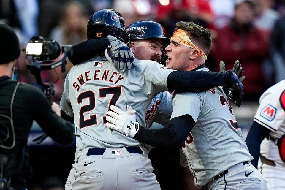 Detroit Tigers outfielder Kerry Carpenter (30) celebrates batting a 3-run home run against Cleveland Guardians during the ninth inning of Game 2 of ALDS at Progressive Field in Cleveland, Ohio on Monday, Oct. 7, 2024.