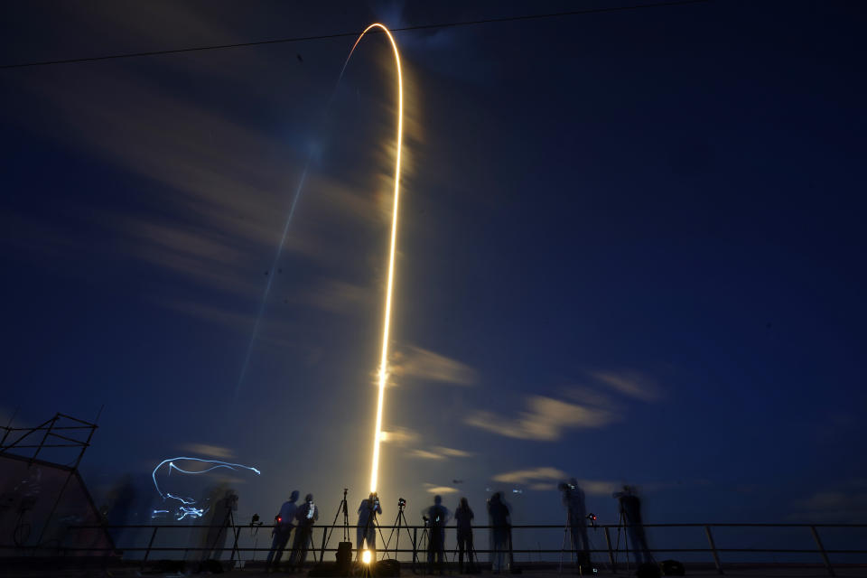 FILE - A SpaceX Falcon 9 rocket, with four private citizens onboard, lifts off in this time-exposure photo from Kennedy Space Center's Launch Pad 39-A, Wednesday, Sept. 15, 2021, in Cape Canaveral, Fla. New research presents the largest set of information yet regarding how the human body reacts to spaceflight. (AP Photo/John Raoux, File)