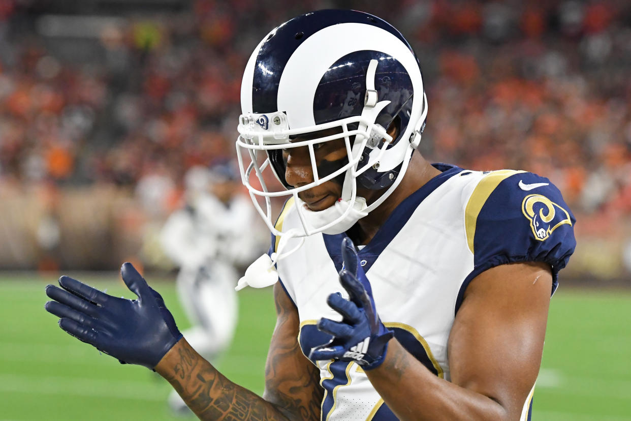 CLEVELAND, OH - SEPTEMBER 22, 2019: Cornerback Marcus Peters #22 of the Los Angeles Rams claps as he paces the sideline prior to a game against the Cleveland Browns on September 22, 2019 at FirstEnergy Stadium in Cleveland, Ohio. Los Angeles won 20-13. (Photo by: 2019 Nick Cammett/Diamond Images via Getty Images)