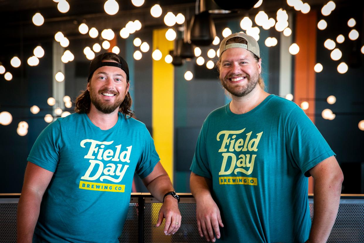 Field Day Brewing Co. co-founders Joe Selix, 37, left, and Alec Travis, 32, pose for a photo, Thursday, July 13, 2023, at 925 Liberty Way in North Liberty, Iowa.