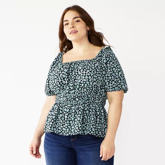 Plus Size Nine West Short Sleeve Squareneck Peplum Blouse