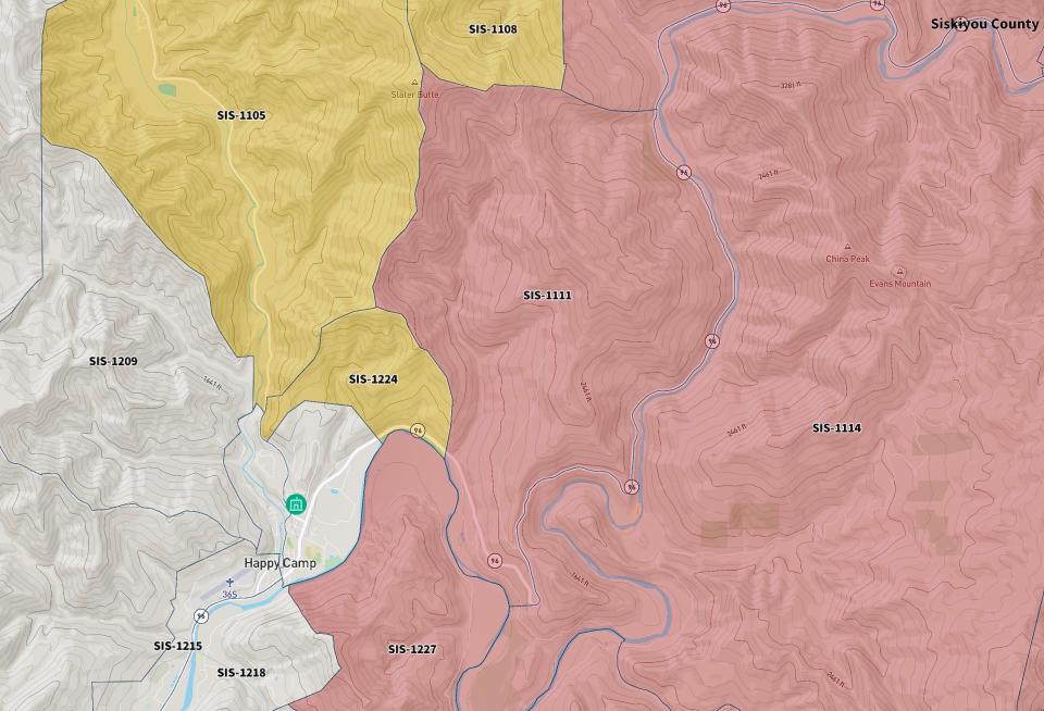 More evacuation orders (in red) and warnings (yellow) were issued Thursday afternoon for east of Happy Camp due to the Yeti Fire, the Siskiyou County Sheriff's Office said.