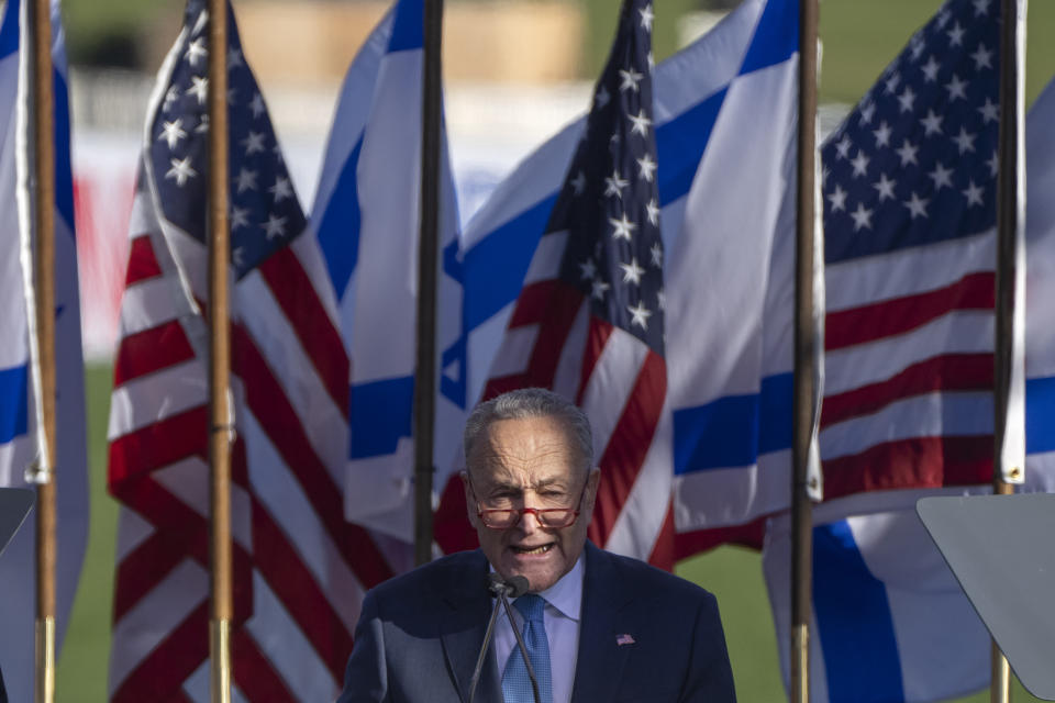 Senate Majority Leader Chuck Schumer of N.Y., speaks at the March for Israel on Tuesday, Nov. 14, 2023, on the National Mall in Washington. (AP Photo/Mark Schiefelbein)