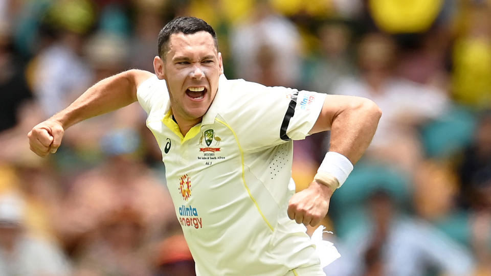 This photo shows Scott Boland celebrating a wicket for Australia in the first Test against South Africa in Brisbane..